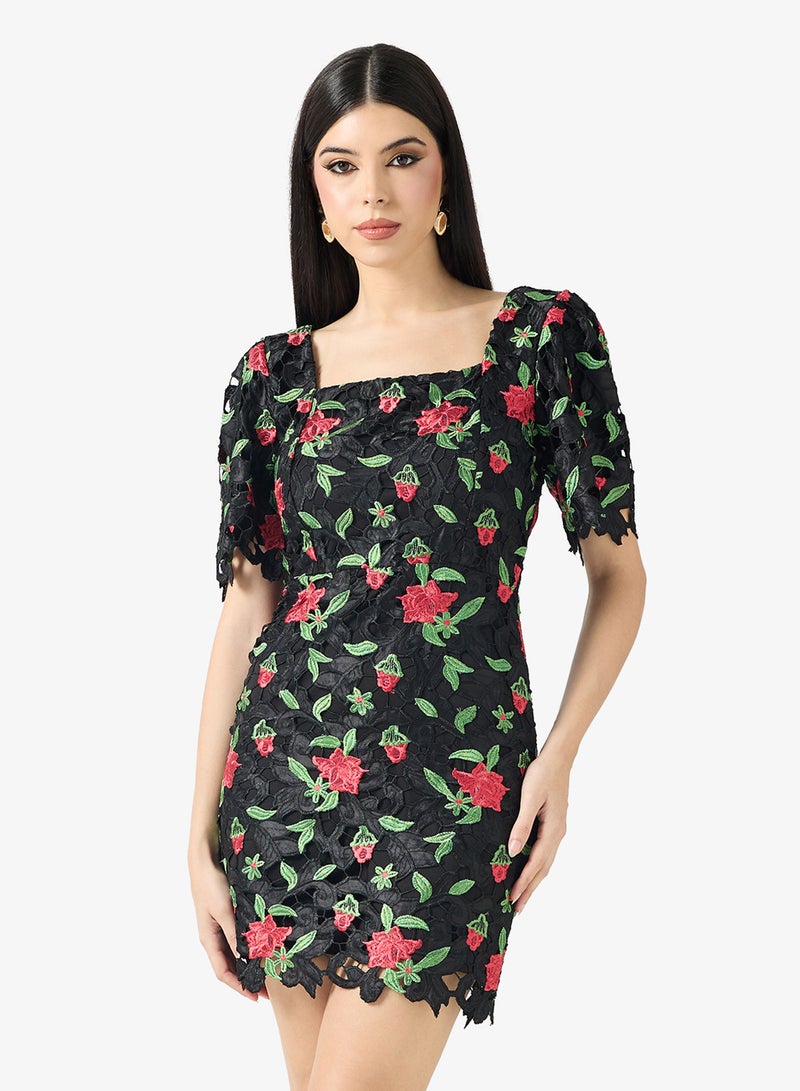 Just Me Floral Embroidered Lace Square Neck Flared Sleeve Scalloped Hem Mini Dress - Image 1